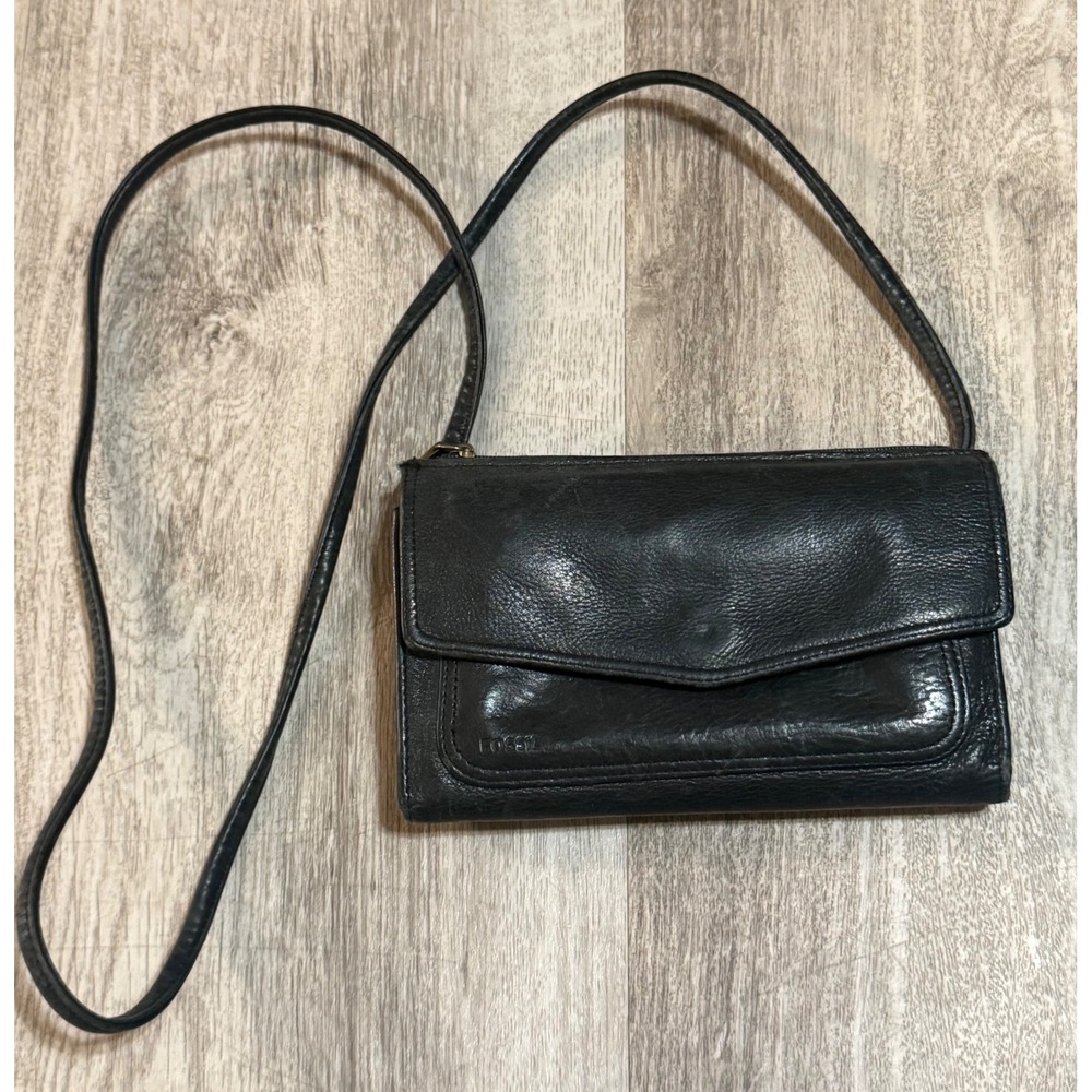 Fossil Black Leather Crossbody Wallet Bag Organizer Purse Snap Closure